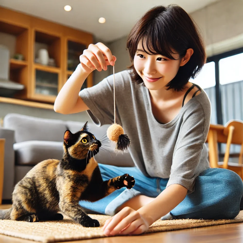 美人猫のサビ猫と小さいボールで遊ぶ日本人女性