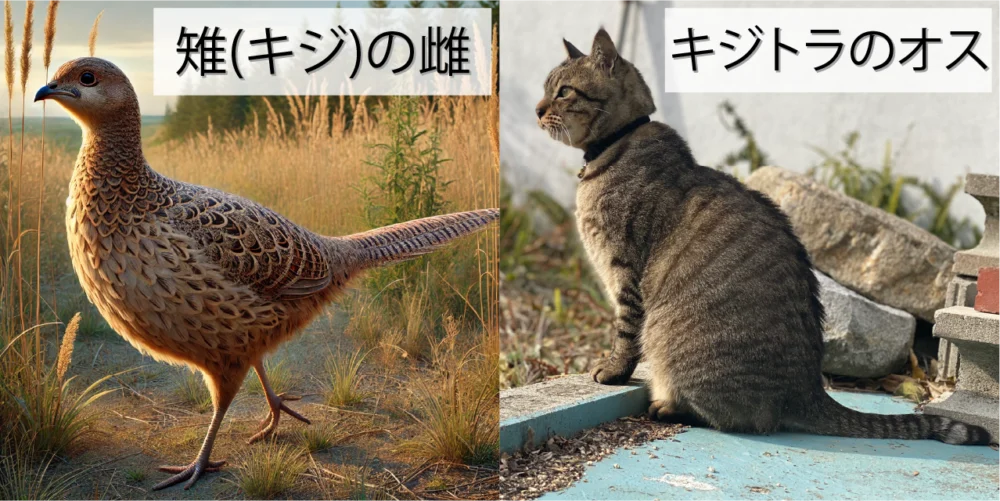 キジトラ猫と雉の比較画像